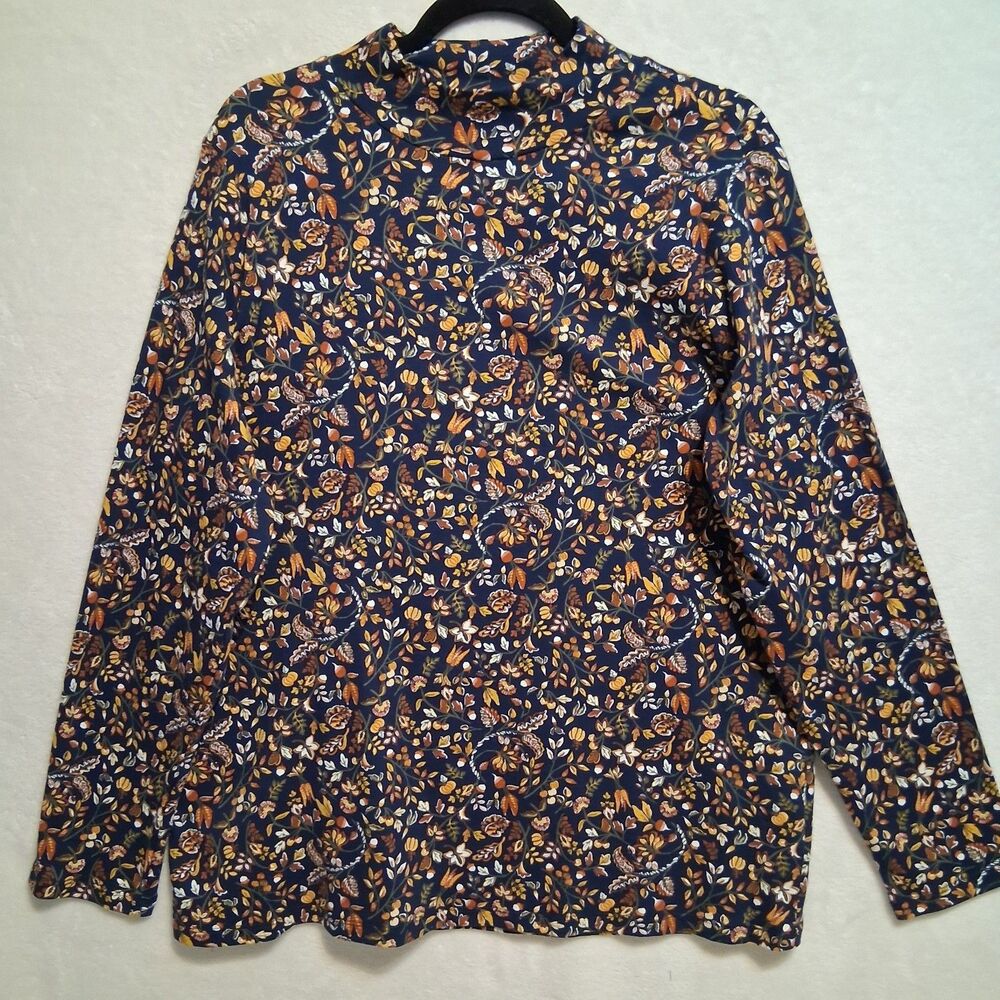 Croft & Barrow 1X Top Navy Harvest Mock Neck Jersey Knit Paisley Pumpkin Autumn